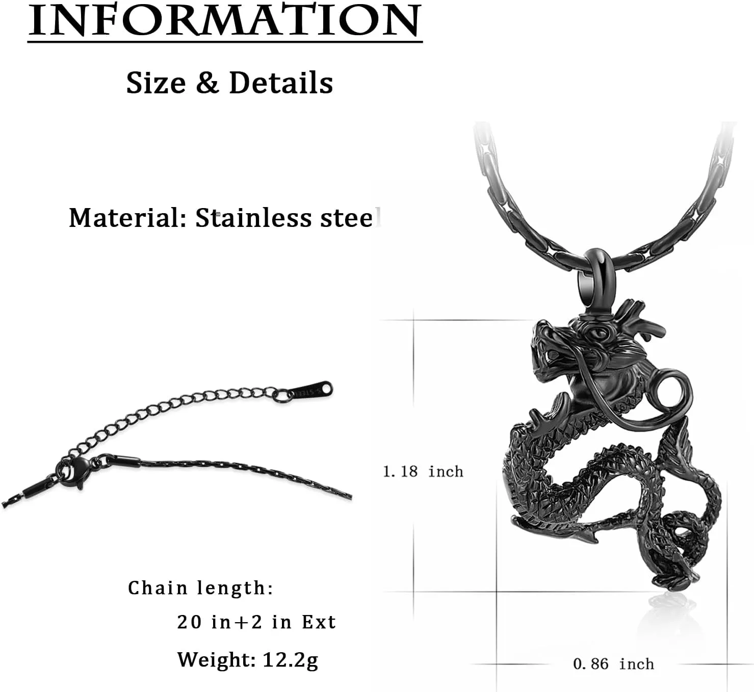 constantlife Cremation Jewelry for Ashes Stainless Steel Dragon Urn Necklace Keepsake Human Pet Ashes Holder Memorial Pendant for Women Men