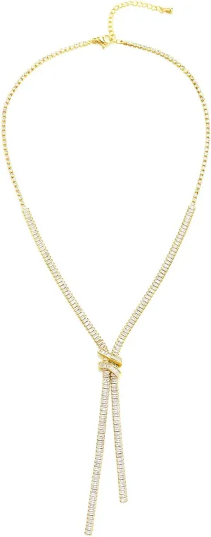 COOLSTEELANDBEYOND Cubic Zirconia Lariat Necklace, Gold Color Y-Shape Long Chain, Y-Knot Pendant, Stylish Elegant Party