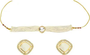 Cream Necklace Set with Rhinestone-Studded Heart Pendant and Earrings