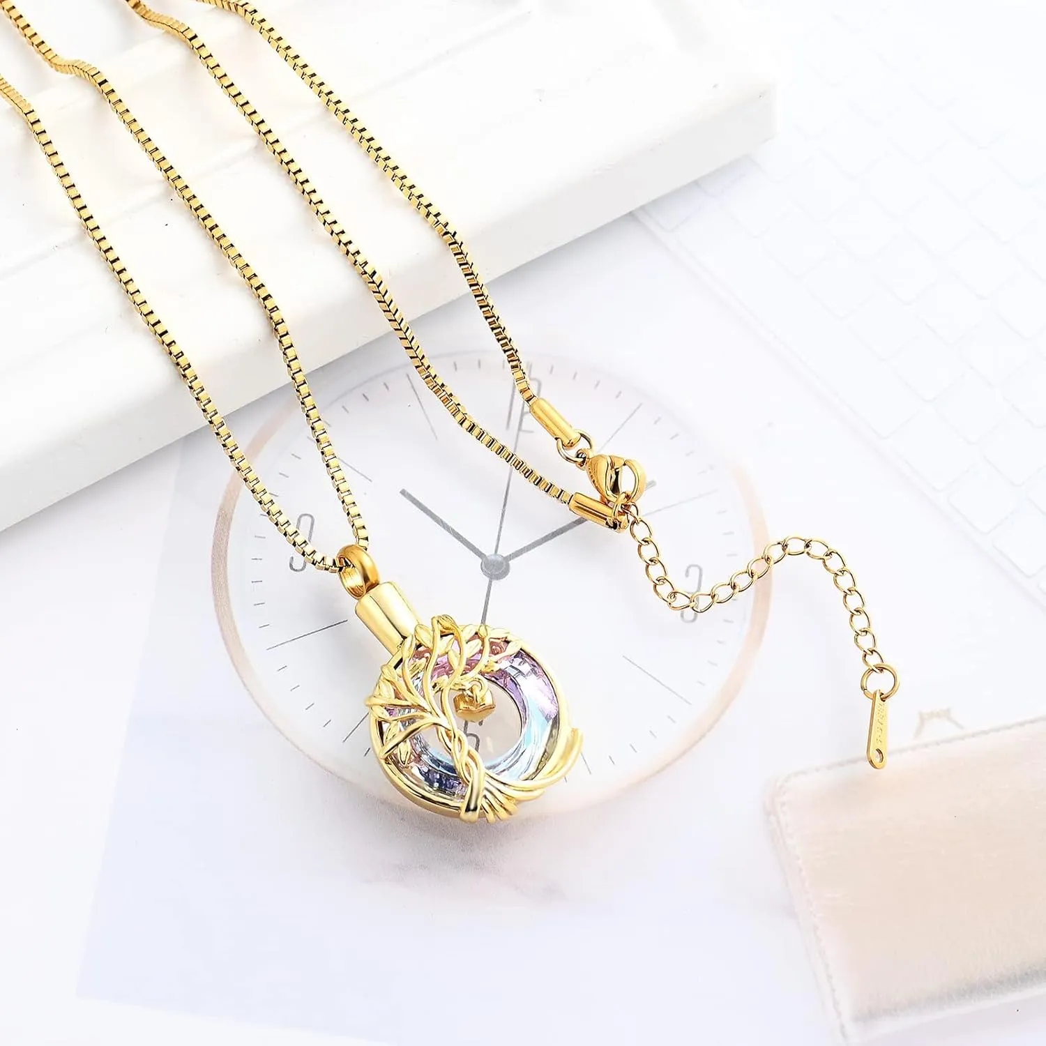 Cremation Jewelry Tree of Life Urn Necklace for Ashes Stainless Steel Ashes Pendant Circle Crystal for Women Men Keepsake Memorial for Jewelry Gifts