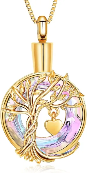 Cremation Jewelry Tree of Life Urn Necklace for Ashes Stainless Steel Ashes Pendant Circle Crystal for Women Men Keepsake Memorial for Jewelry Gifts