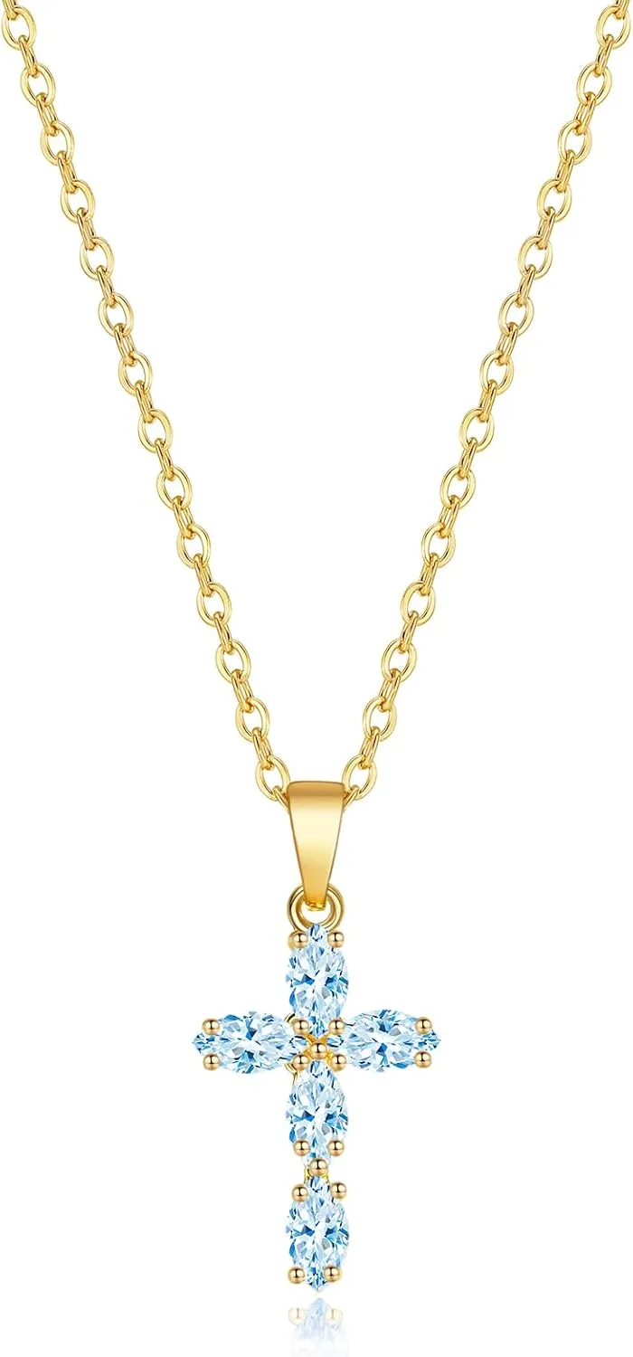 Cross Necklace for Women 14K Gold Plated Cross Necklaces Dainty Gold Birthstone Cross Jewelry for Women