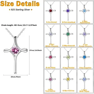 Cross Necklace for Women, 925 Sterling Silver Birthstone Cross Pendant Necklace, Sideways Cross Necklace Birthstone Jewelry Birthday Gifts for Women