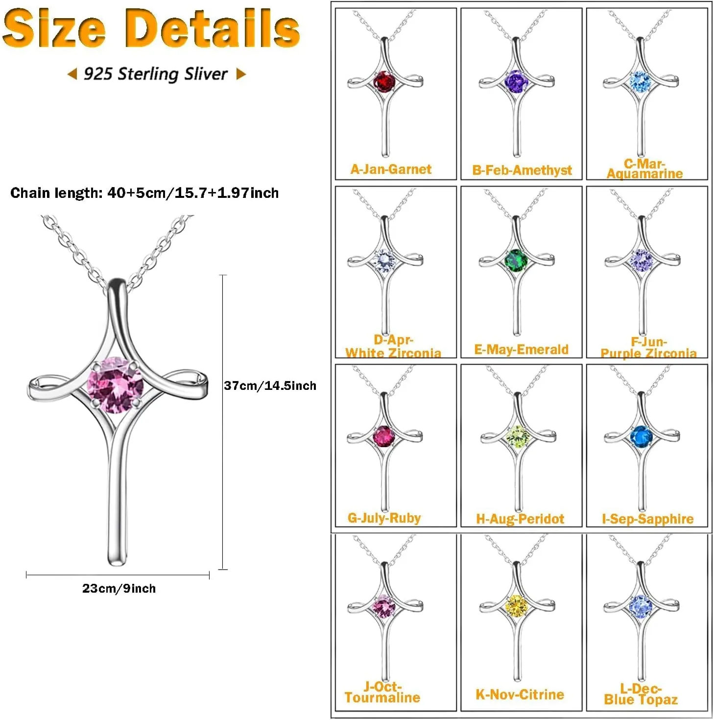 Cross Necklace for Women, 925 Sterling Silver Birthstone Cross Pendant Necklace, Sideways Cross Necklace Birthstone Jewelry Birthday Gifts for Women