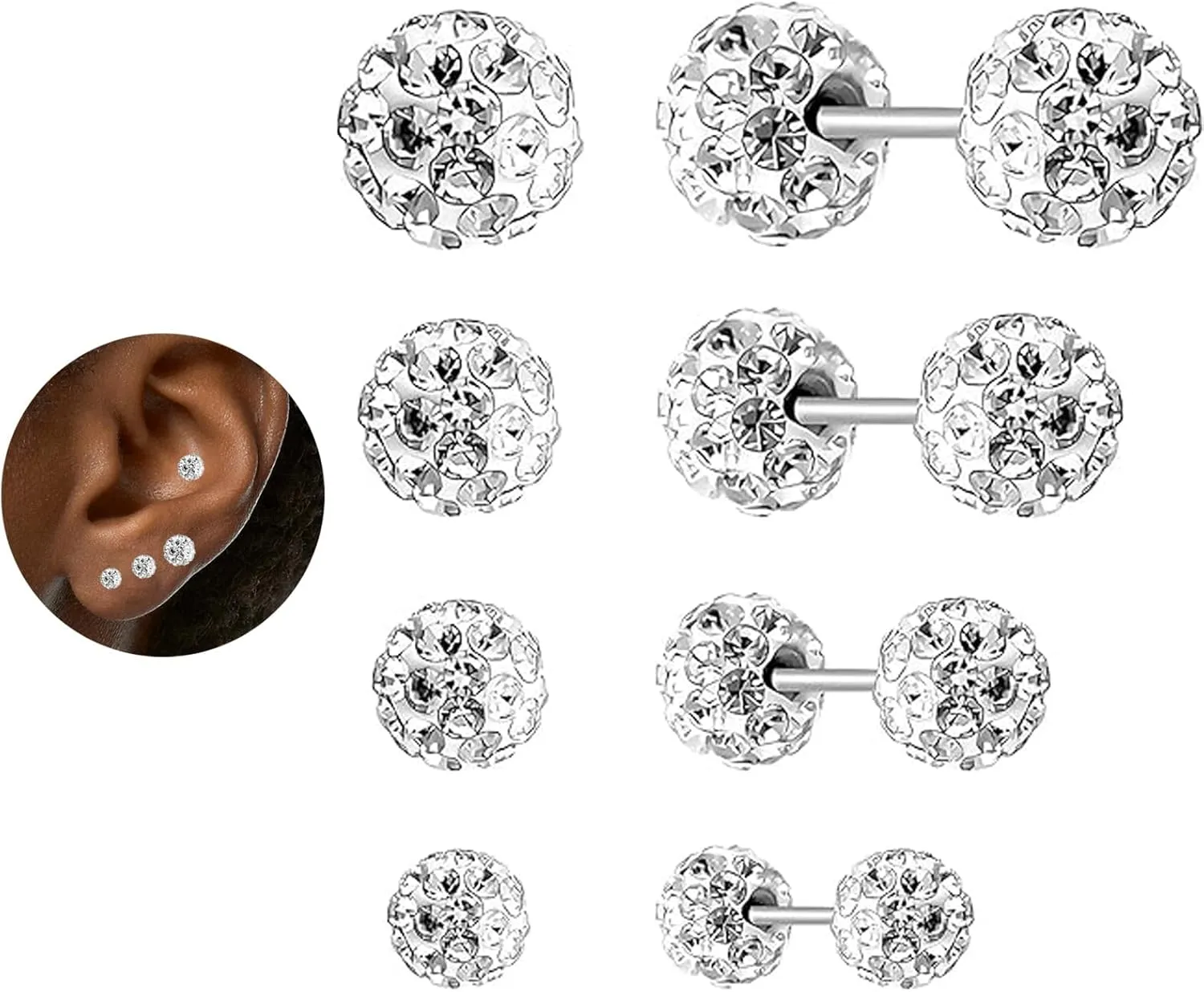 Crystal Ball Screw Back Earrings Stud 4 Pair Silver Disco Ball Earrings for Women Double Sided Earrings for Cartilage Tragus Helix conch Piercing Jewelry Party Prom Gift Sparkle Ball 3/4/5/6mm