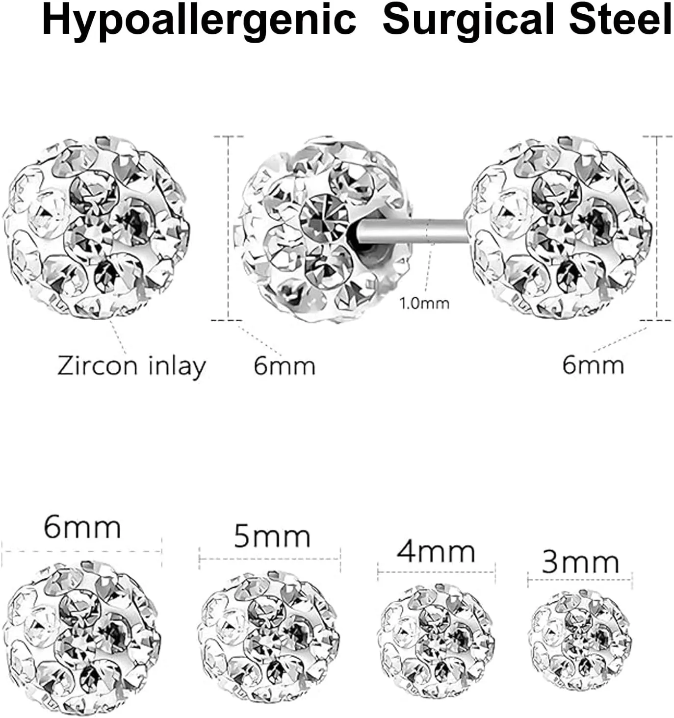 Crystal Ball Screw Back Earrings Stud 4 Pair Silver Disco Ball Earrings for Women Double Sided Earrings for Cartilage Tragus Helix conch Piercing Jewelry Party Prom Gift Sparkle Ball 3/4/5/6mm