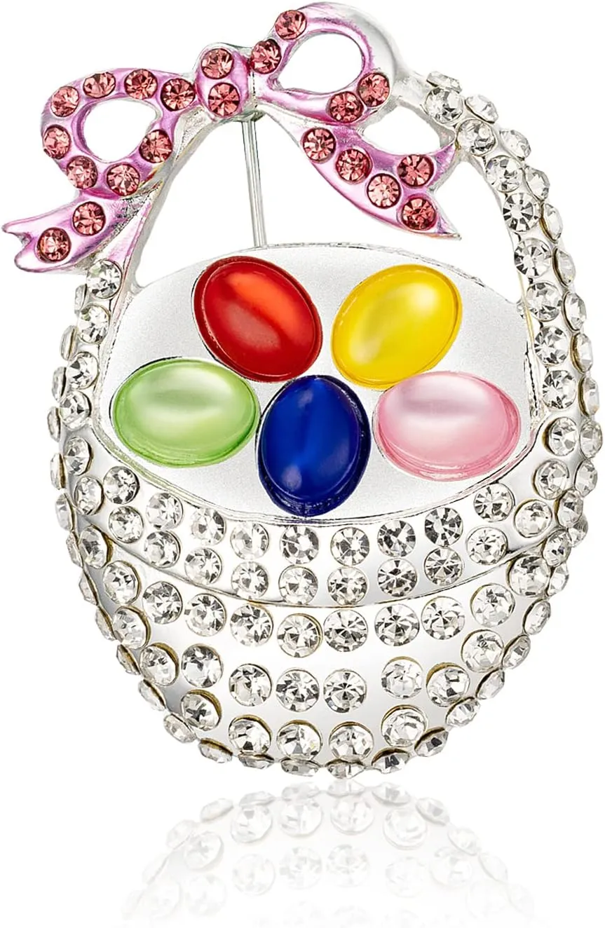 Crystal Basket Colorful Easter Egg Brooch Pin with Pink Bow Rhinestones