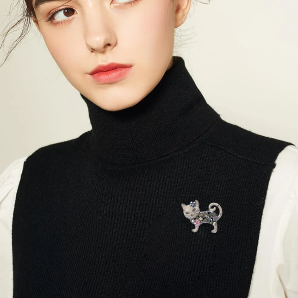 Crystal Cat Brooch Cute Kitten Lapel Pin Corsage Glittering Brooches Fine Animal Rhinestone Badge Boutonniere Jewelry Gifts Outerwear Clothes Decoration for Women Girls Accessories