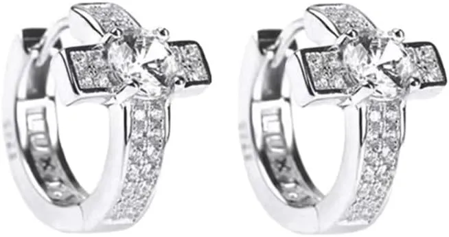 Crystal Cross Hoop Earrings Trendy Sterling Silver Plated Cubic Zirconia Earring Small Religious Tiny Huggie Hoops Wedding Party Hypoallergenic Lightweight Gift Jewelry for Women Mom Valentine's Day