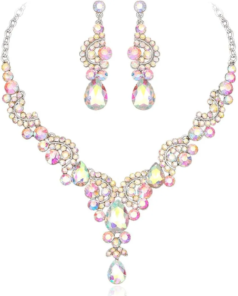CSY Elegant Crystal Bridal Necklace Earrings Set Rhinestone Wedding Party Costume Jewelry Sets for Brides Bridesmaid Women