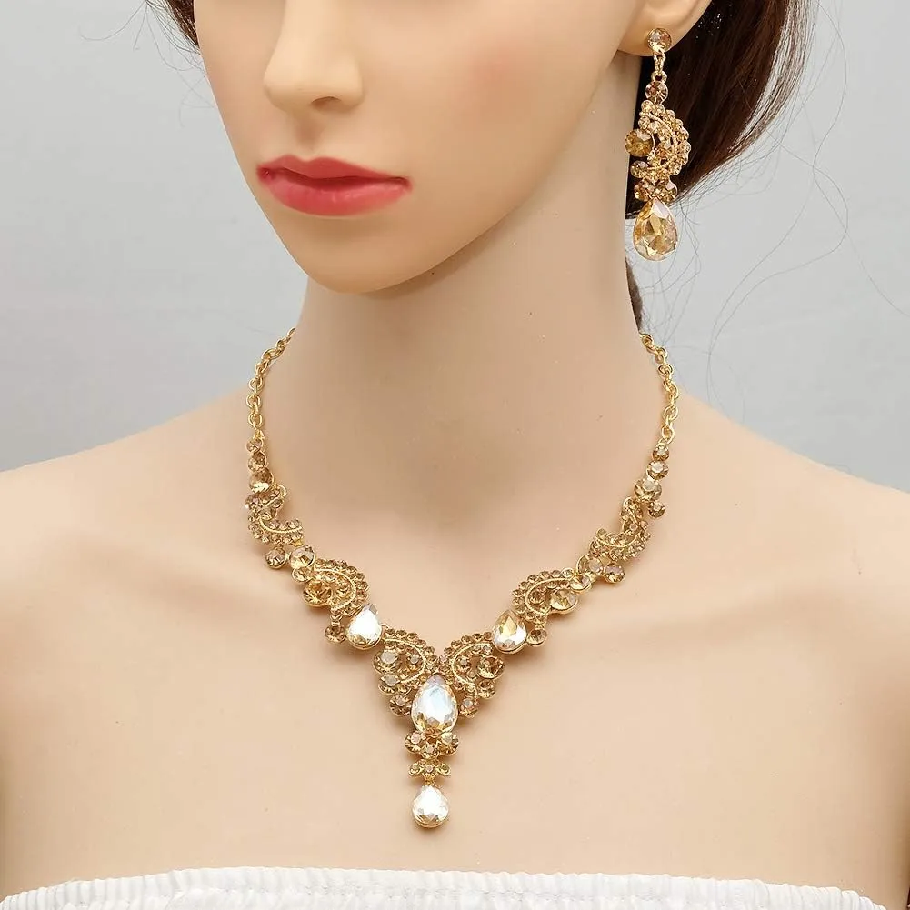 CSY Elegant Crystal Bridal Necklace Earrings Set Rhinestone Wedding Party Costume Jewelry Sets for Brides Bridesmaid Women