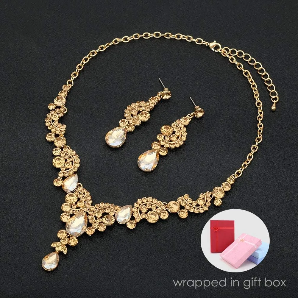 CSY Elegant Crystal Bridal Necklace Earrings Set Rhinestone Wedding Party Costume Jewelry Sets for Brides Bridesmaid Women