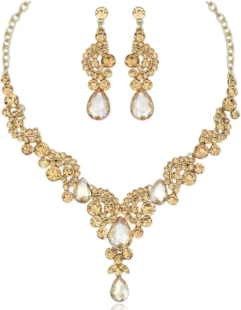 CSY Elegant Crystal Bridal Necklace Earrings Set Rhinestone Wedding Party Costume Jewelry Sets for Brides Bridesmaid Women