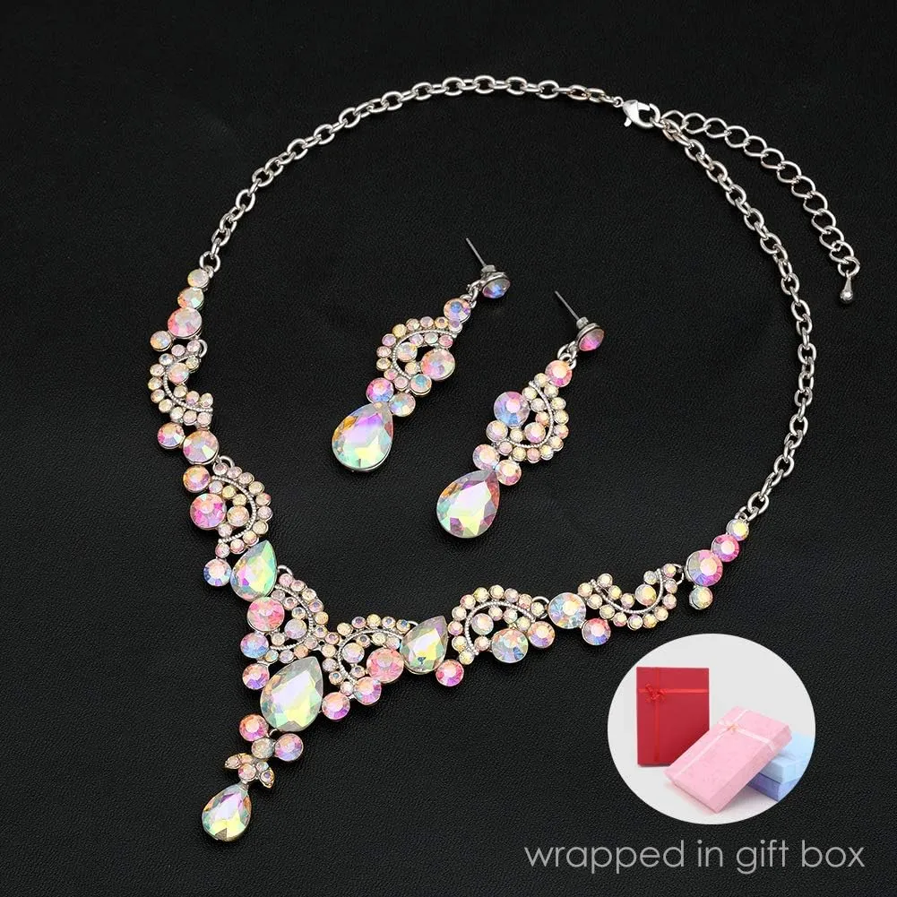 CSY Elegant Crystal Bridal Necklace Earrings Set Rhinestone Wedding Party Costume Jewelry Sets for Brides Bridesmaid Women
