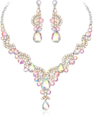 CSY Elegant Crystal Bridal Necklace Earrings Set Rhinestone Wedding Party Costume Jewelry Sets for Brides Bridesmaid Women