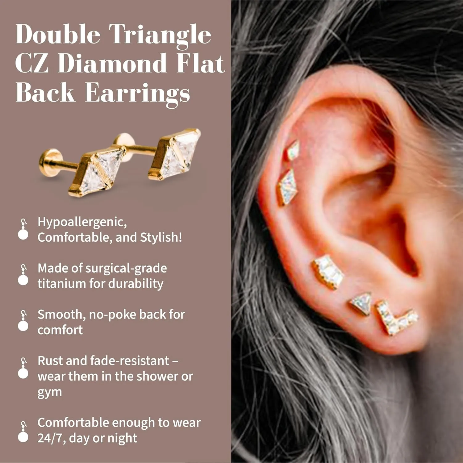 Cubic Zirconia Diamond Stud Earrings for Women | No-Poke Design | Implant-Grade Titanium | CZ Gold & Silver Studs Earrings for Women