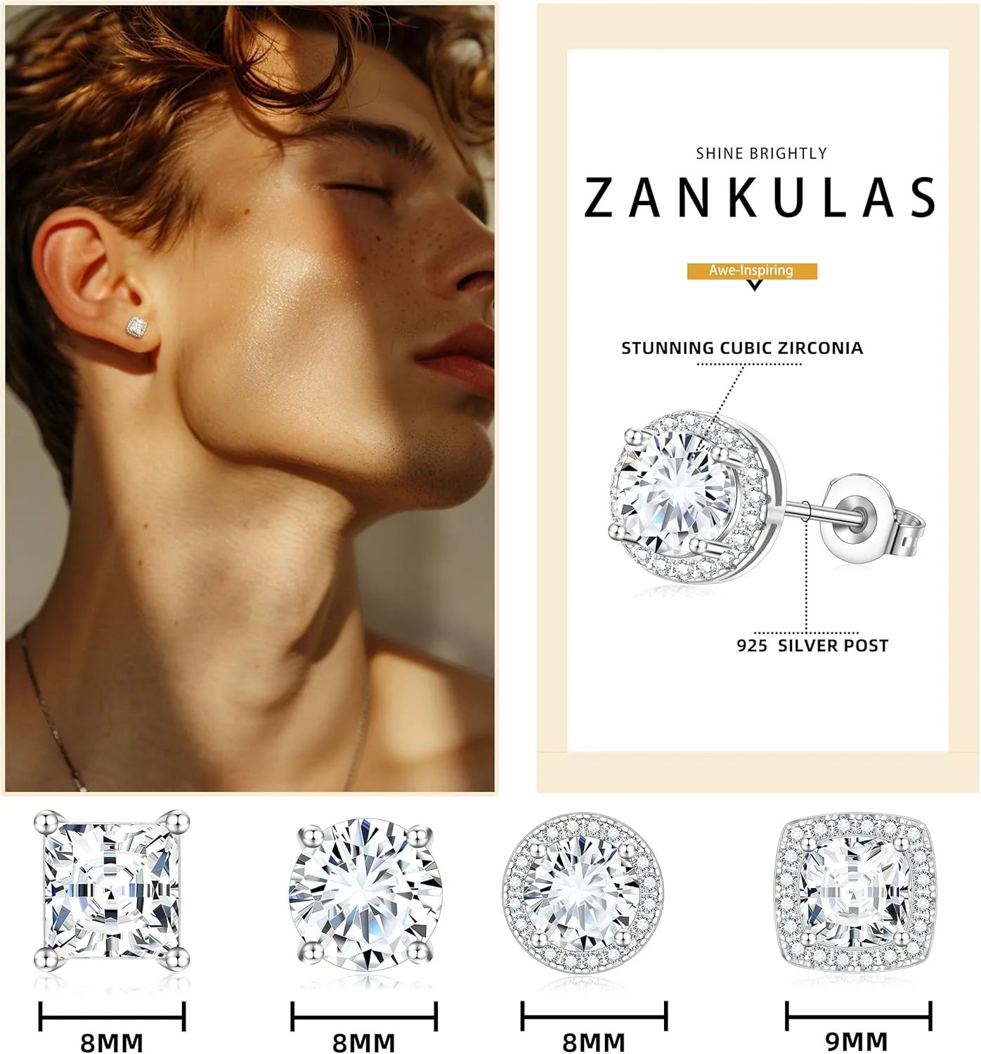 Cubic Zirconia Stud Earrings for Women Mens Earrings Hypoallergenic Sterling Silver Post Square CZ Studs Set