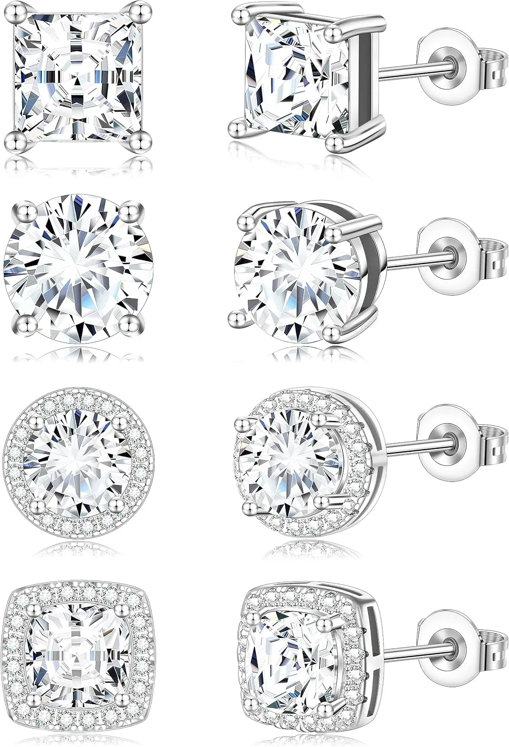 Cubic Zirconia Stud Earrings for Women Mens Earrings Hypoallergenic Sterling Silver Post Square CZ Studs Set