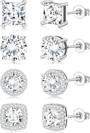 Cubic Zirconia Stud Earrings for Women Mens Earrings Hypoallergenic Sterling Silver Post Square CZ Studs Set