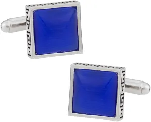 Cuff-Daddy Elegant Blue Silver Catseye-Style Square Cufflinks Framed Silver-Tone with Presentation Box