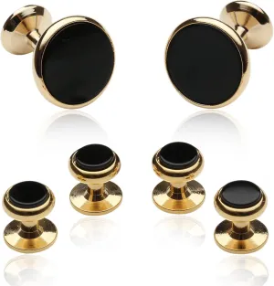 Cuff-Daddy Mens Black Onyx Gold Cufflinks and Studs Formal Set with Presentation Gift Box Party Special Occasions Wedding Anniversary Suit French Cuff Shirts