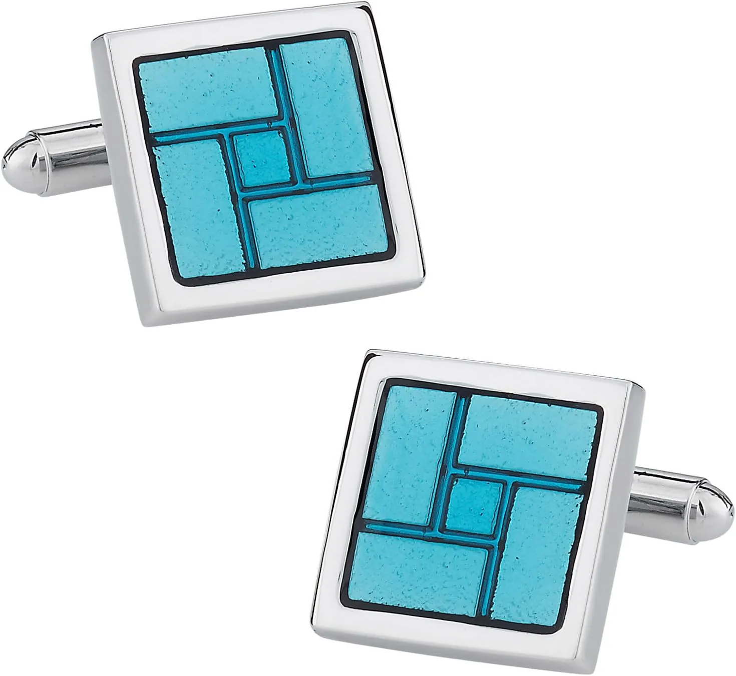 Cuff-Daddy Unique Sky Blue Reflective Enamel Square Silver Cufflinks with Presentation Box