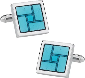 Cuff-Daddy Unique Sky Blue Reflective Enamel Square Silver Cufflinks with Presentation Box