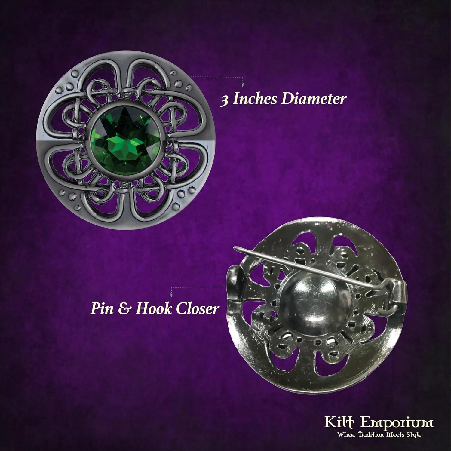 Culloden Plaid Brooch - Elegant Pewter Silver Antique Finish Celtic Kilt Pin, Various Gemstone Colors, 3-Inch Diameter