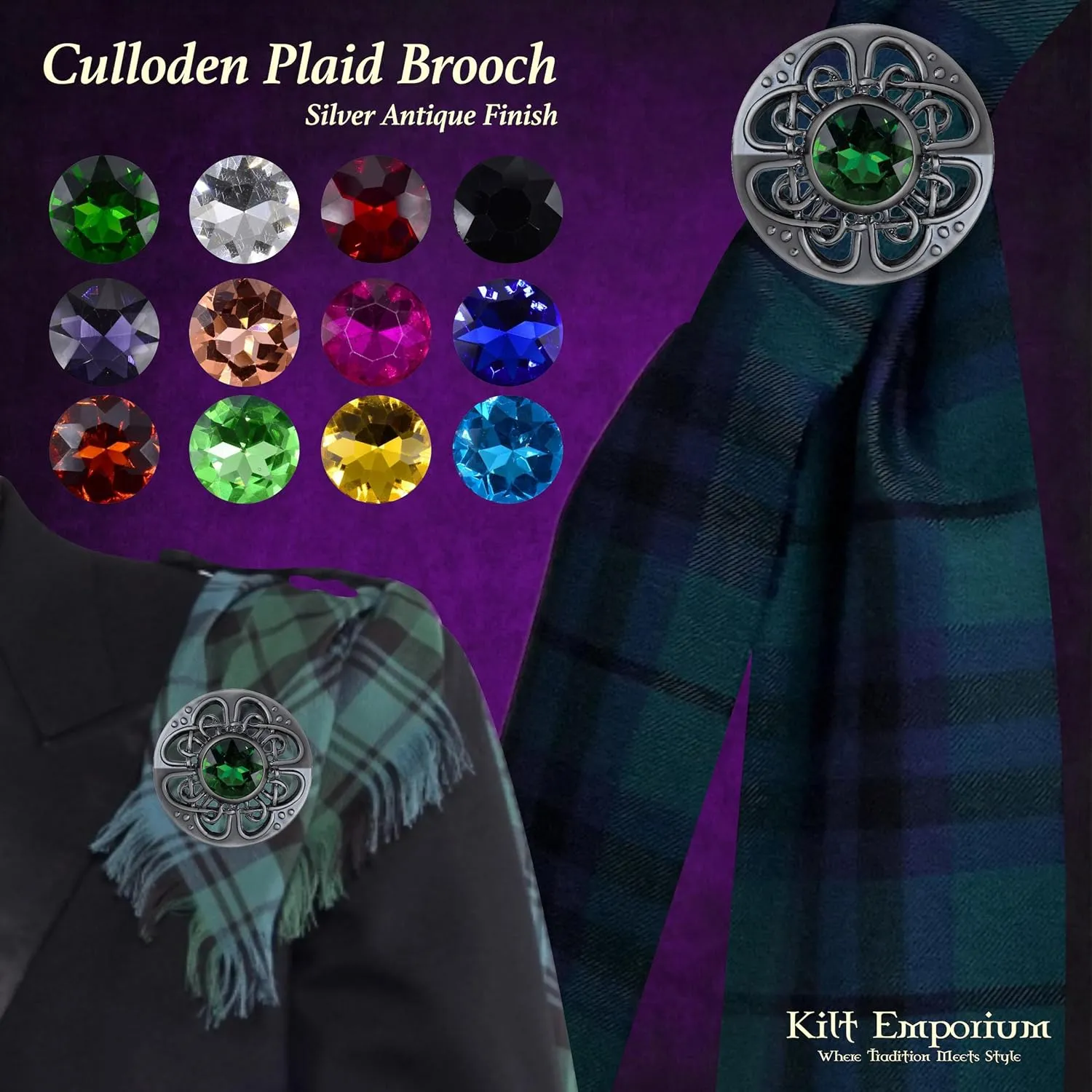 Culloden Plaid Brooch - Elegant Pewter Silver Antique Finish Celtic Kilt Pin, Various Gemstone Colors, 3-Inch Diameter