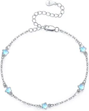 Cuoka Moonstone Bracelets 925 Sterling Silver Rainbow Round Moonstone Bracelet Moonstone Jewellery for Women Girlfriend Mom (Round, Silver)