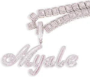 Custom Big Brush Cursive Letters Nameplate Necklace CZ Iced Out Pendant Customized Icy Name Choker Charm with Rope/Tennis/Cuban/Baguette Chain Personalized Gifts for Her Birthday