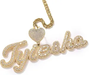 Custom Brush Script Bubble Letter Two Tone Pendant Micro Paved CZ Personalized Name Plate Necklace Hiphop Jewelry Personalized Gift (16in baguette chain,Gold 11 letters)