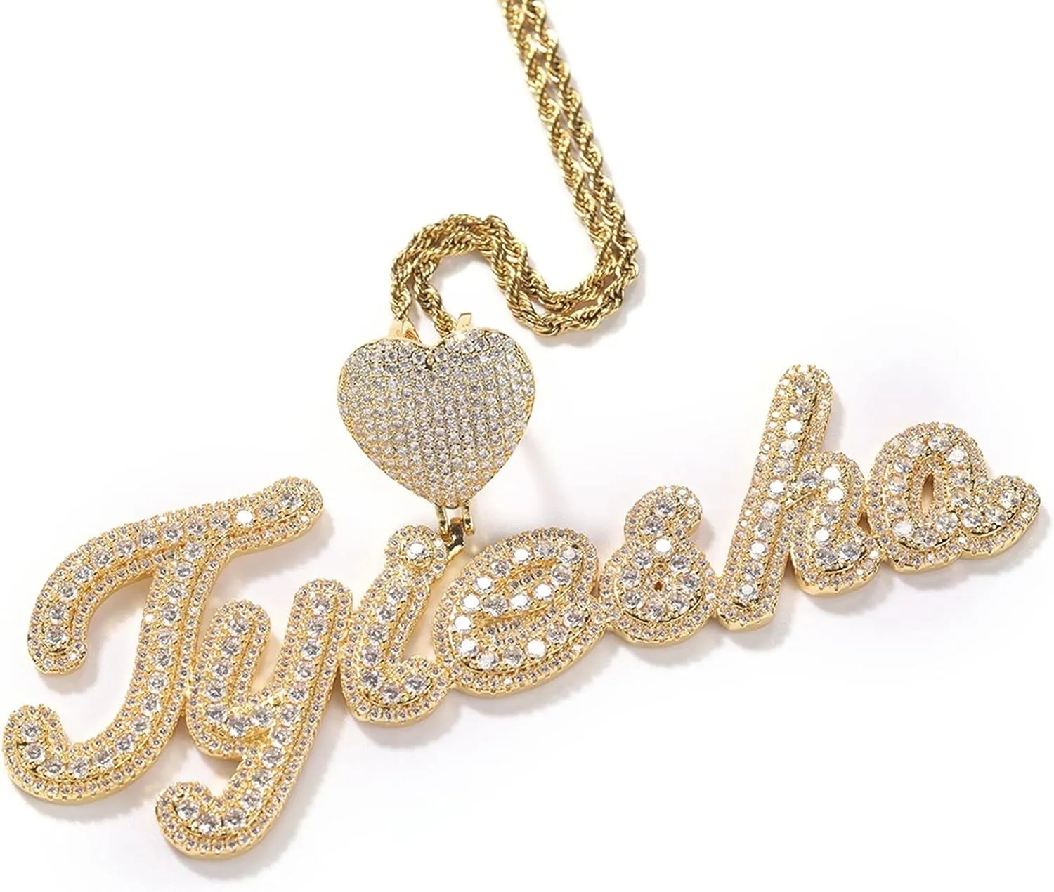 Custom Brush Script Bubble Letter Two Tone Pendant Micro Paved CZ Personalized Name Plate Necklace Hiphop Jewelry Personalized Gift (16in baguette chain,Gold 7 letters)