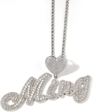 Custom Brush Script Bubble Letter Two Tone Pendant Micro Paved CZ Personalized Name Plate Necklace Hiphop Jewelry Personalized Gift (16in baguette chain,Silver 2 letters)
