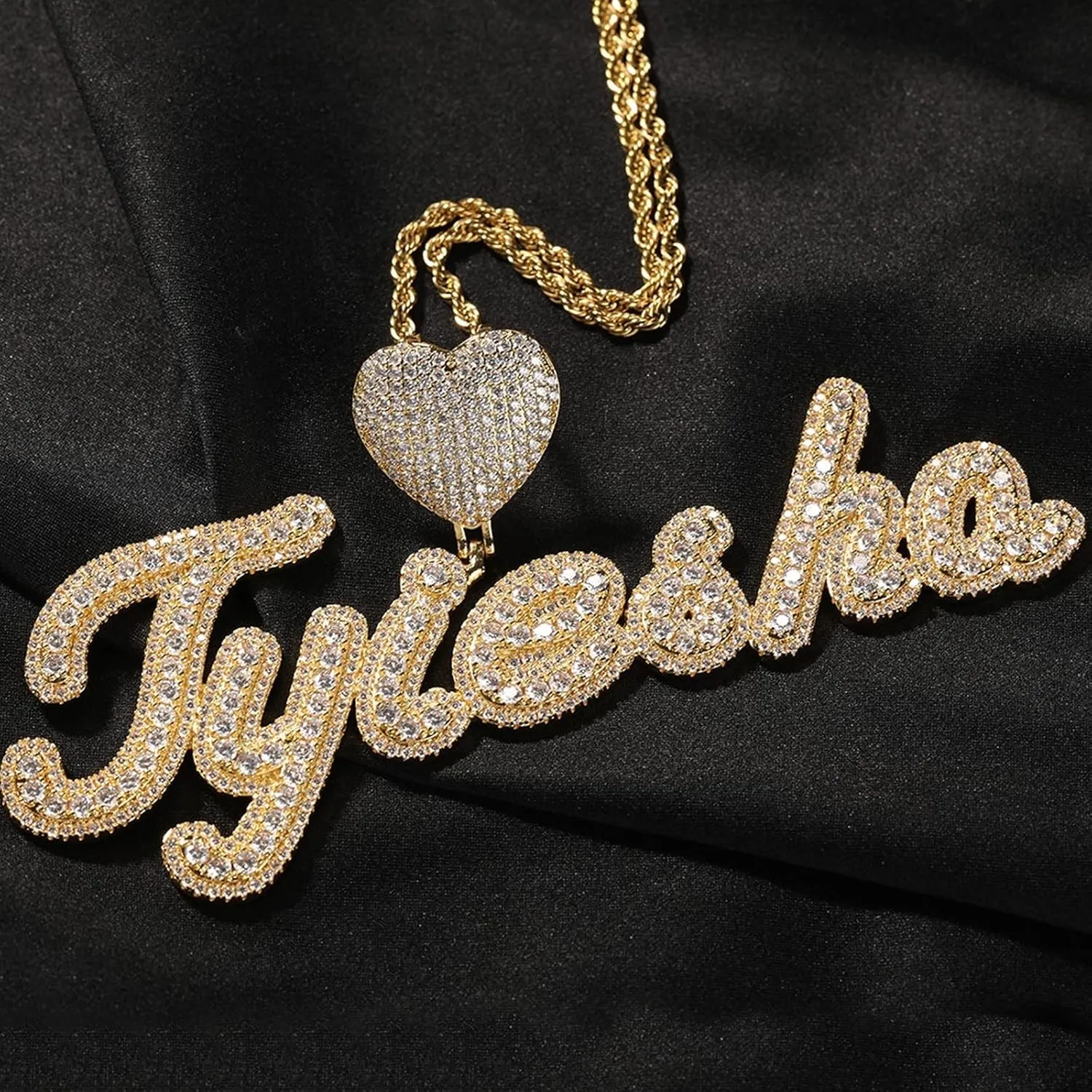 Custom Brush Script Bubble Letter Two Tone Pendant Micro Paved CZ Personalized Name Plate Necklace Hiphop Jewelry Personalized Gift (18inch rope chain,Silver 7 letters)
