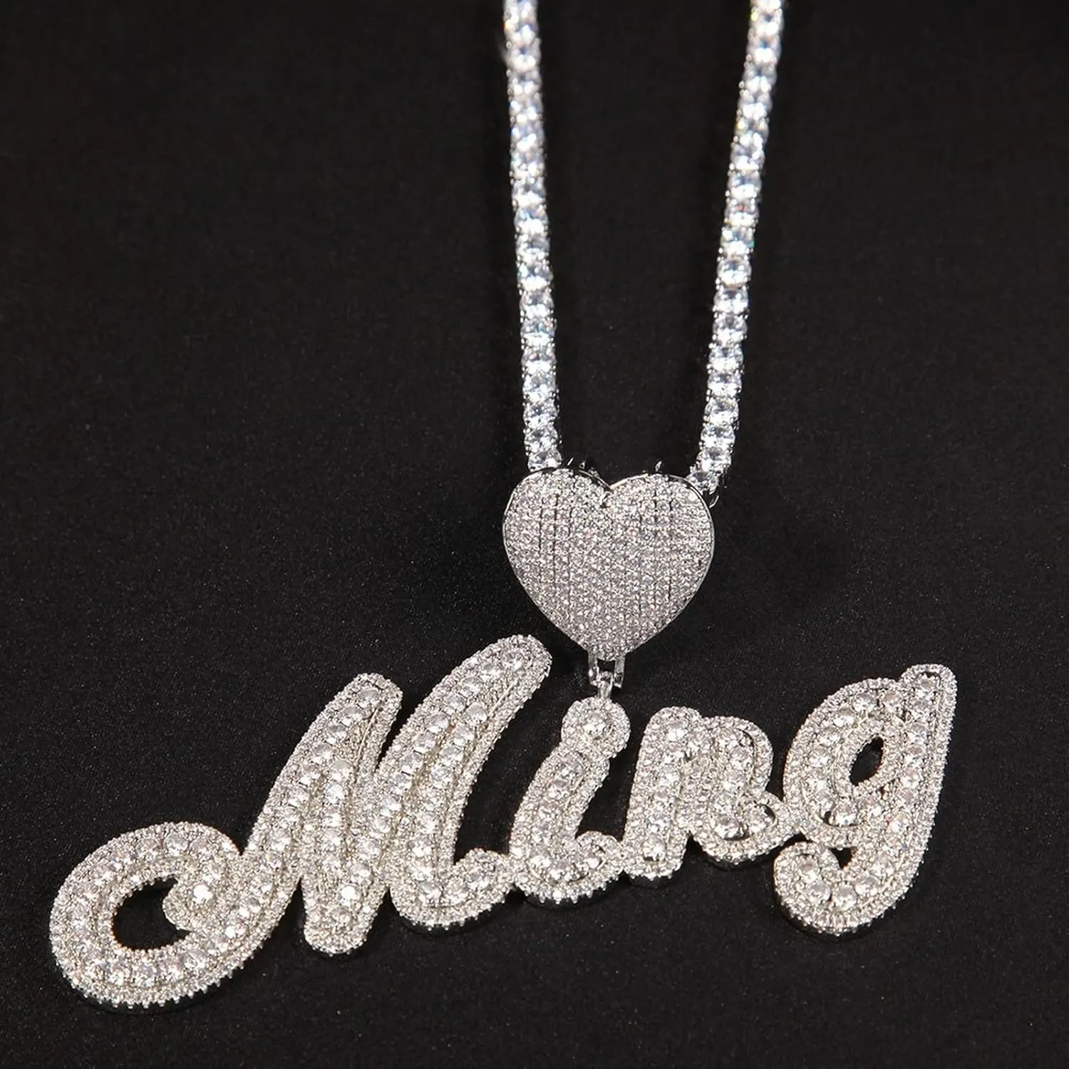 Custom Brush Script Bubble Letter Two Tone Pendant Micro Paved CZ Personalized Name Plate Necklace Hiphop Jewelry Personalized Gift (18inch rope chain,Silver 7 letters)