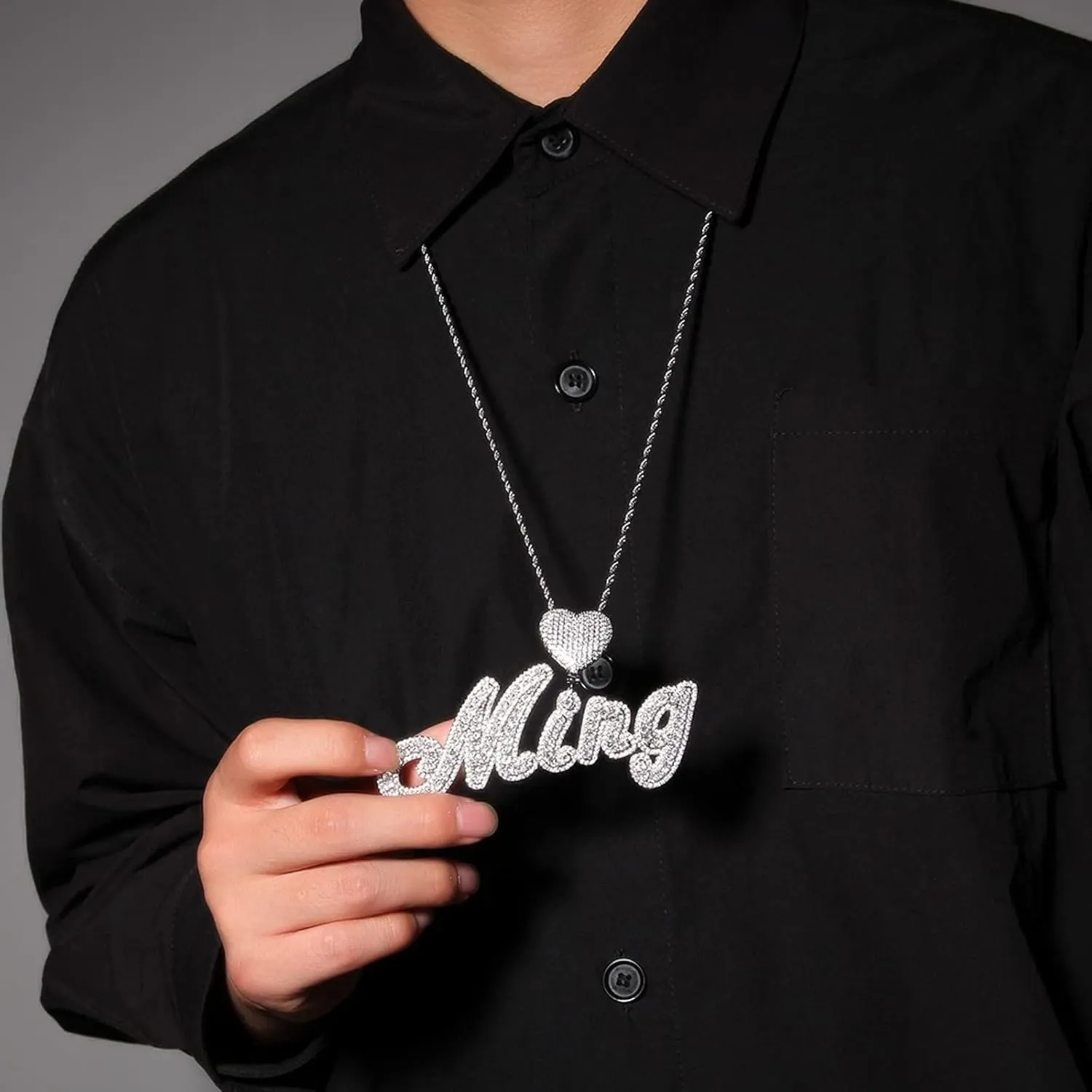 Custom Brush Script Bubble Letter Two Tone Pendant Micro Paved CZ Personalized Name Plate Necklace Hiphop Jewelry Personalized Gift (18inch rope chain,Silver 7 letters)
