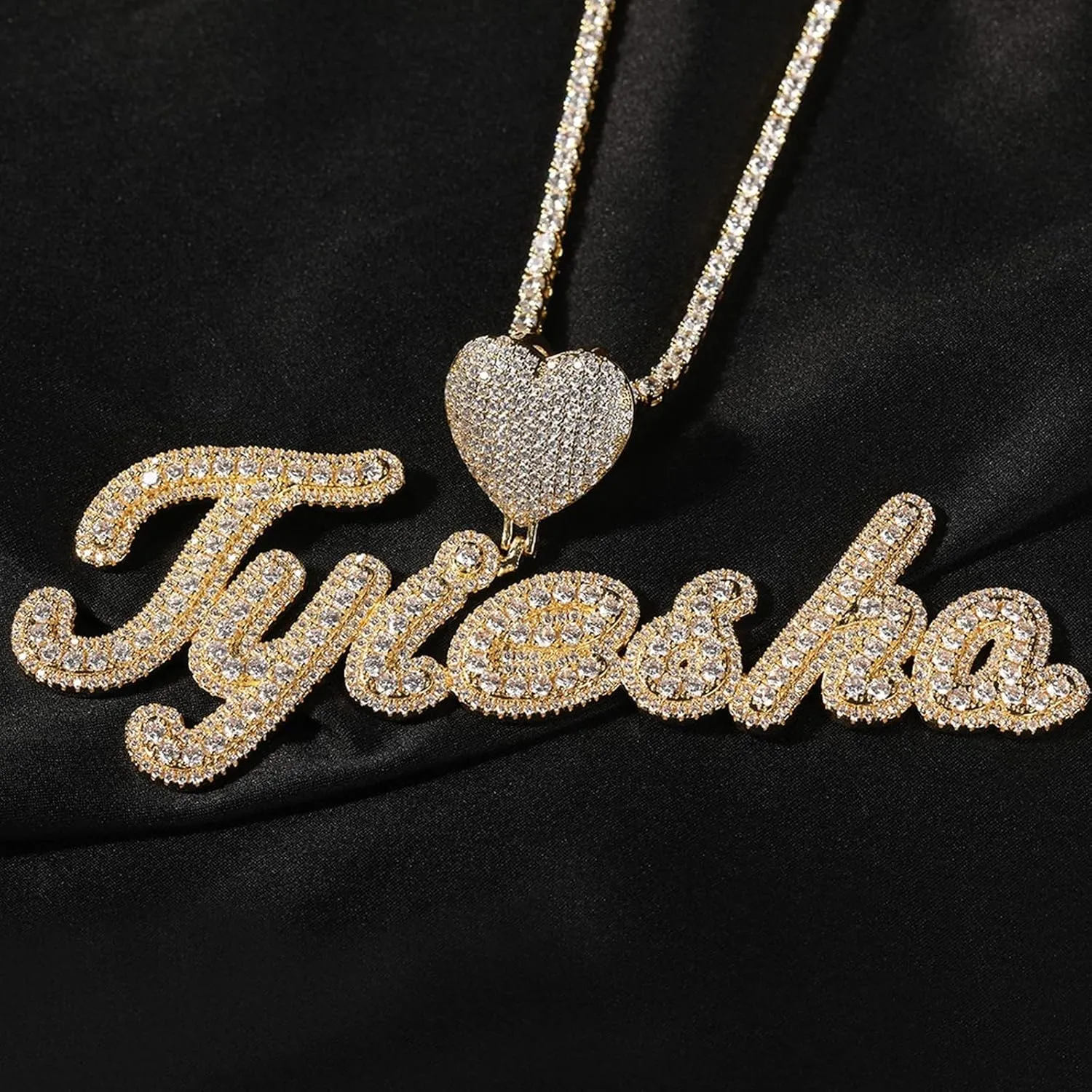 Custom Brush Script Bubble Letter Two Tone Pendant Micro Paved CZ Personalized Name Plate Necklace Hiphop Jewelry Personalized Gift (18inch rope chain,Silver 7 letters)