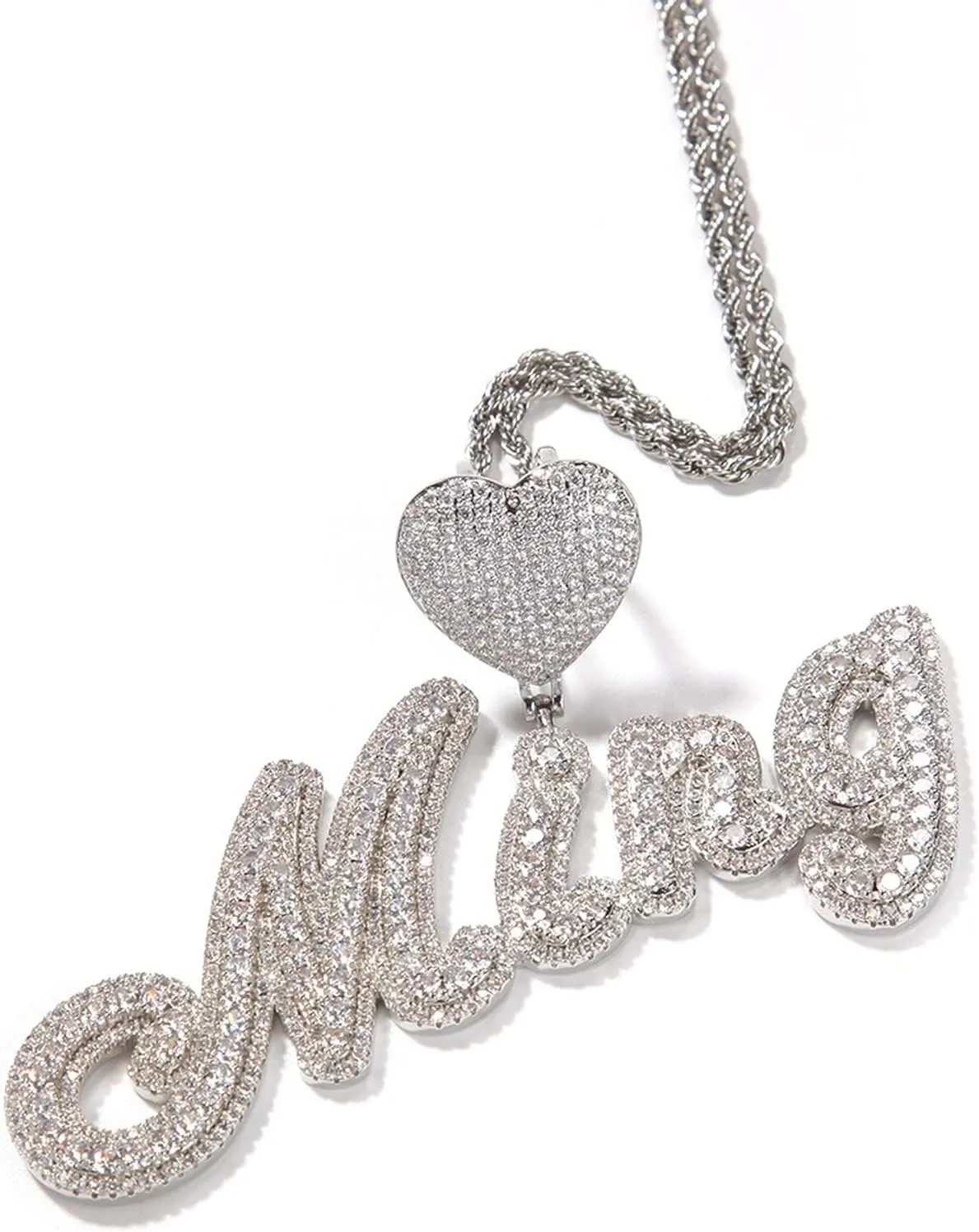Custom Brush Script Bubble Letter Two Tone Pendant Micro Paved CZ Personalized Name Plate Necklace Hiphop Jewelry Personalized Gift (18inch rope chain,Silver 7 letters)