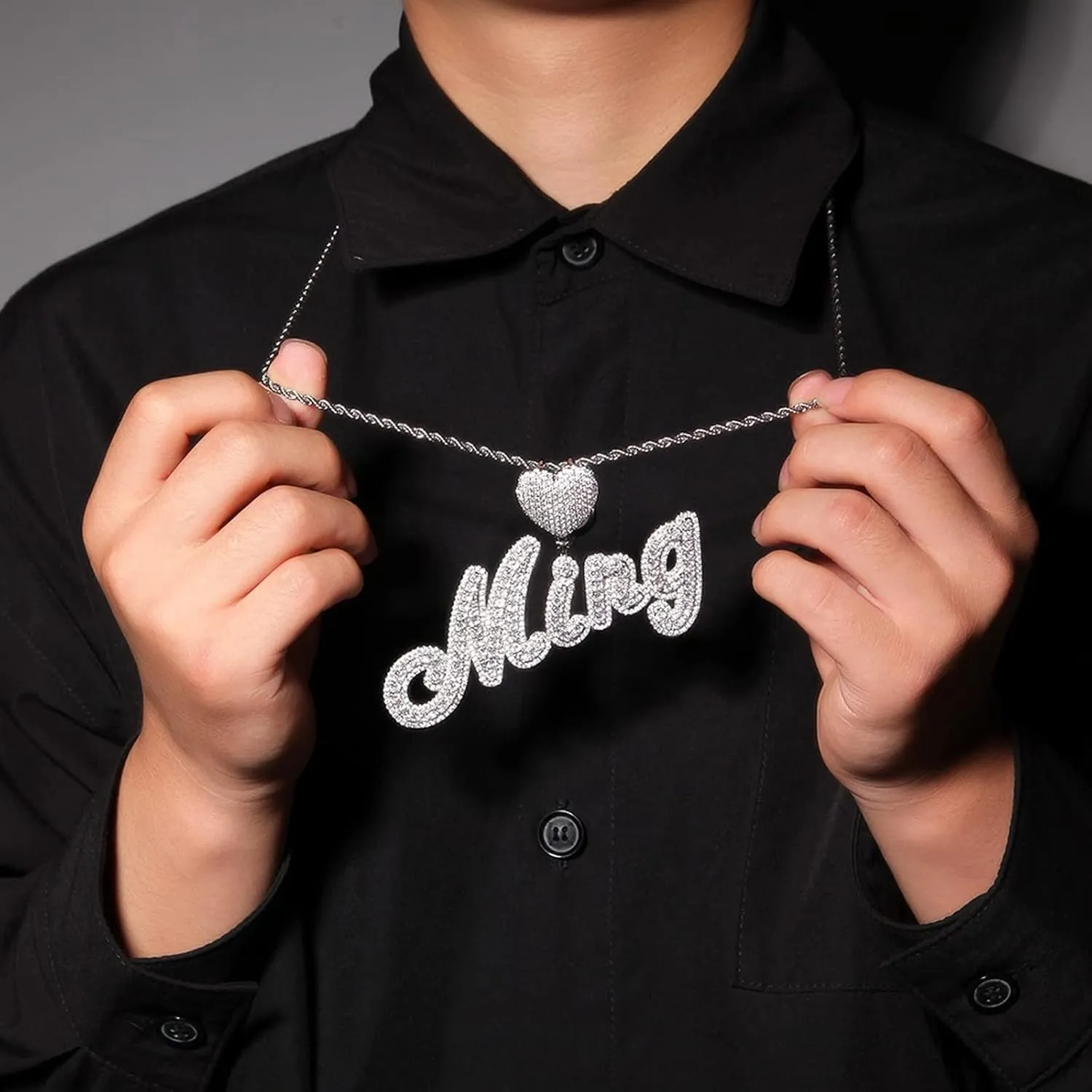 Custom Brush Script Bubble Letter Two Tone Pendant Micro Paved CZ Personalized Name Plate Necklace Hiphop Jewelry Personalized Gift (18inch rope chain,Silver 7 letters)