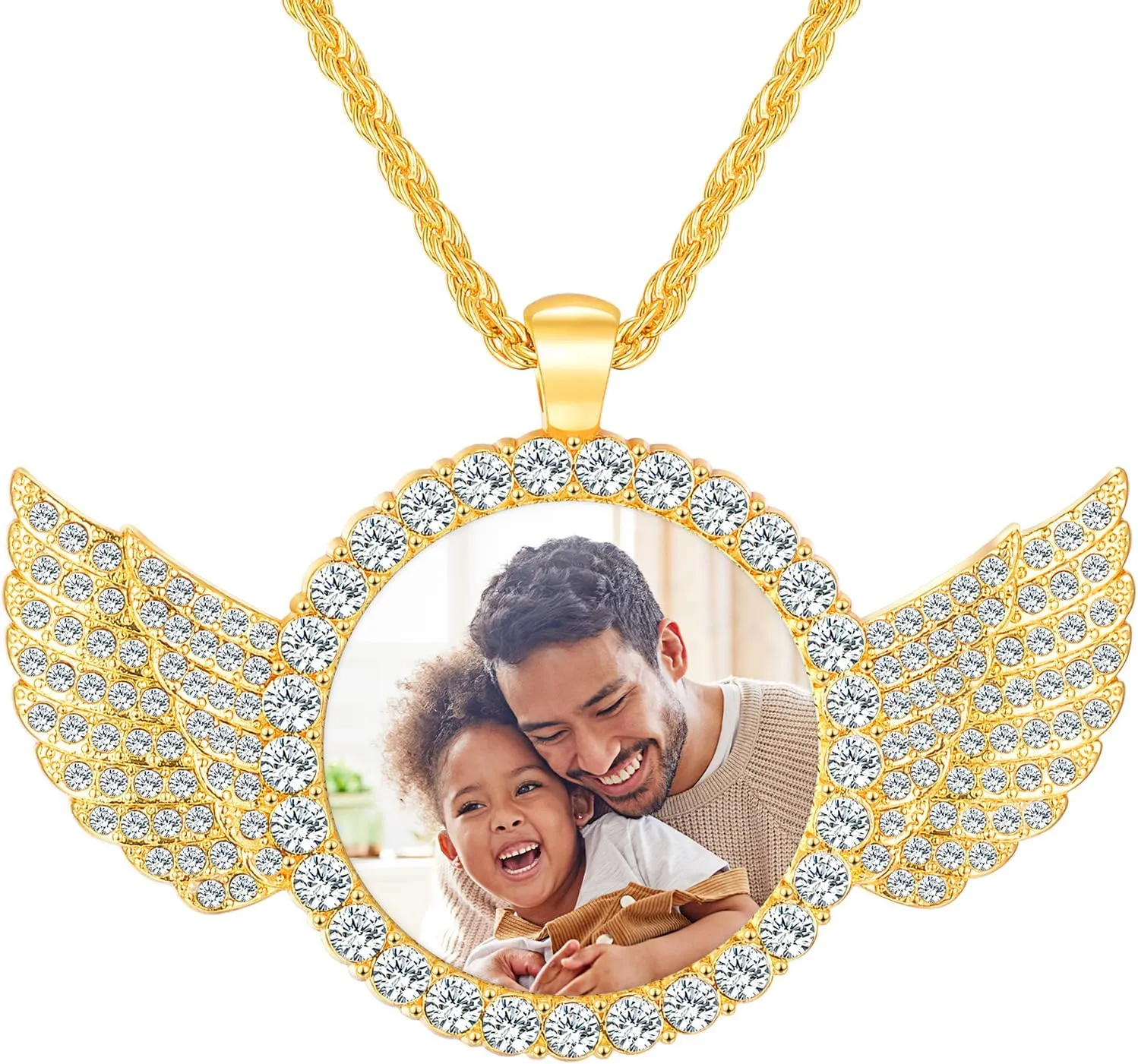 Custom Circle Chain with Wings, Memory Necklaces Picture Necklace Personalized Photo Gifts for Men Women, Customized Angel Wing Round Chain Pendant (Gold)