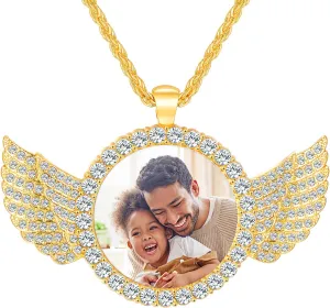Custom Circle Chain with Wings, Memory Necklaces Picture Necklace Personalized Photo Gifts for Men Women, Customized Angel Wing Round Chain Pendant (Gold)