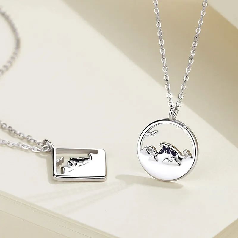 Custom Engravable Ocean Mountain Necklaces Set for Couples
