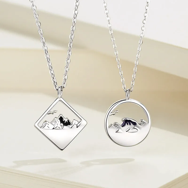Custom Engravable Ocean Mountain Necklaces Set for Couples