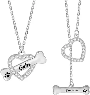 Custom Heart Pet Necklace With Paw Print 925 Sterling Silver Personlized Engraved Dog Bone Necklace With Name Puppy Animal Anniversary Pet Lovers Jewelry Birthday Chritmas Gifts For Women