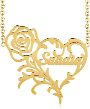 Custom Name Necklace Personalized Gold Plated Name Plate Necklaces with Rose Customized Jewelry for Women