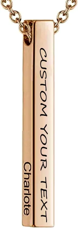 Custom necklace Message Engrave Name Initial Vertical Cuboid Bar Rose Gold necklaceCustom 3D Bar Pendant necklace for Husband Dad