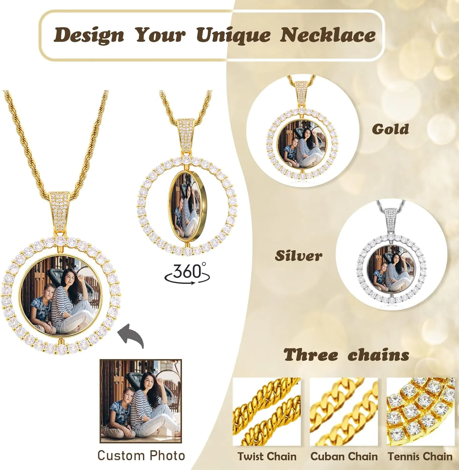 Custom Picture Necklace Personalized - Customized Photo Pendant Necklaces, Hip Hop Chain with Pictures Personalized Gift for Dad Men Women