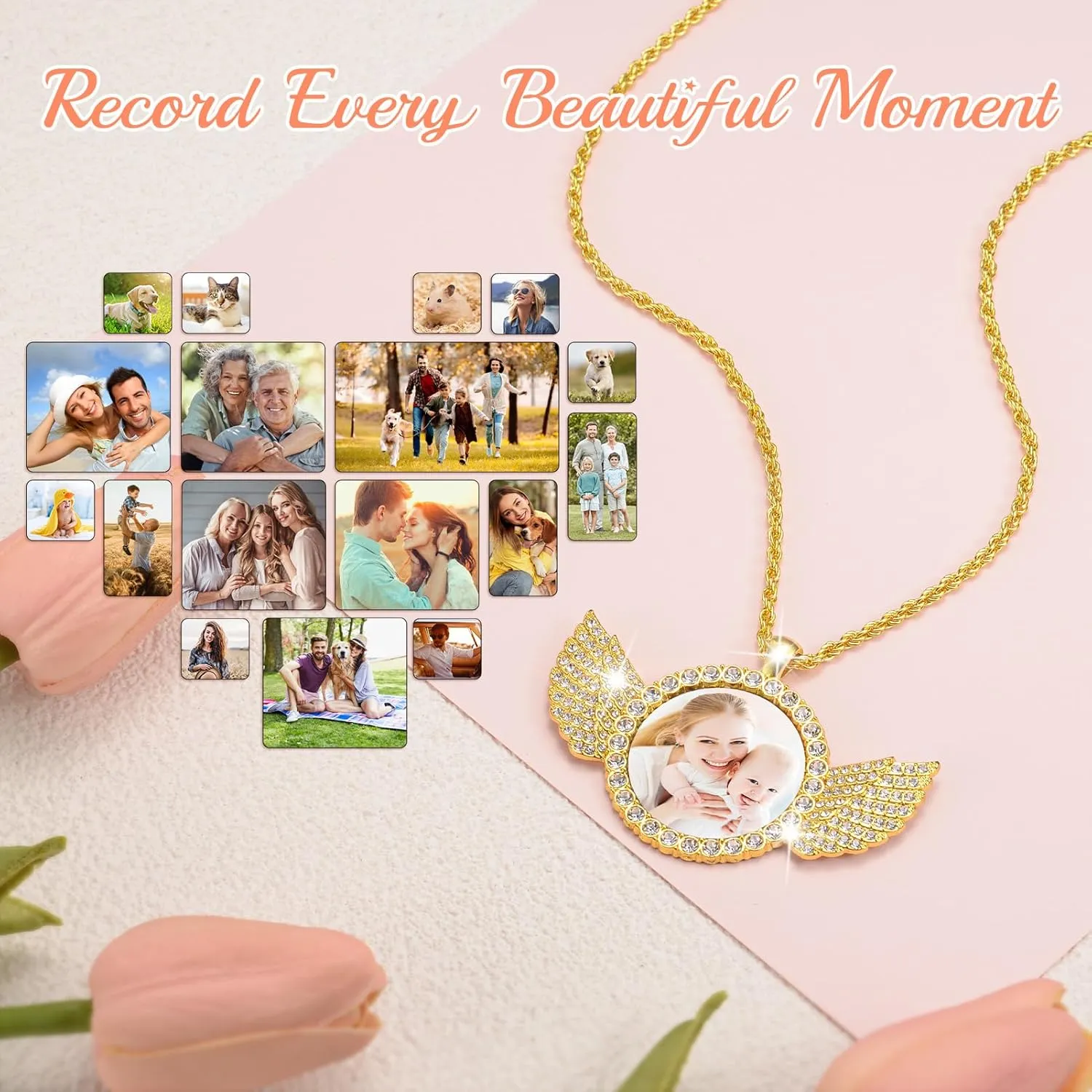 Custom Picture Necklace,Personalized Photo Necklace Memory Circle Chain with Angel Wings Pendant,Gift for Men Women