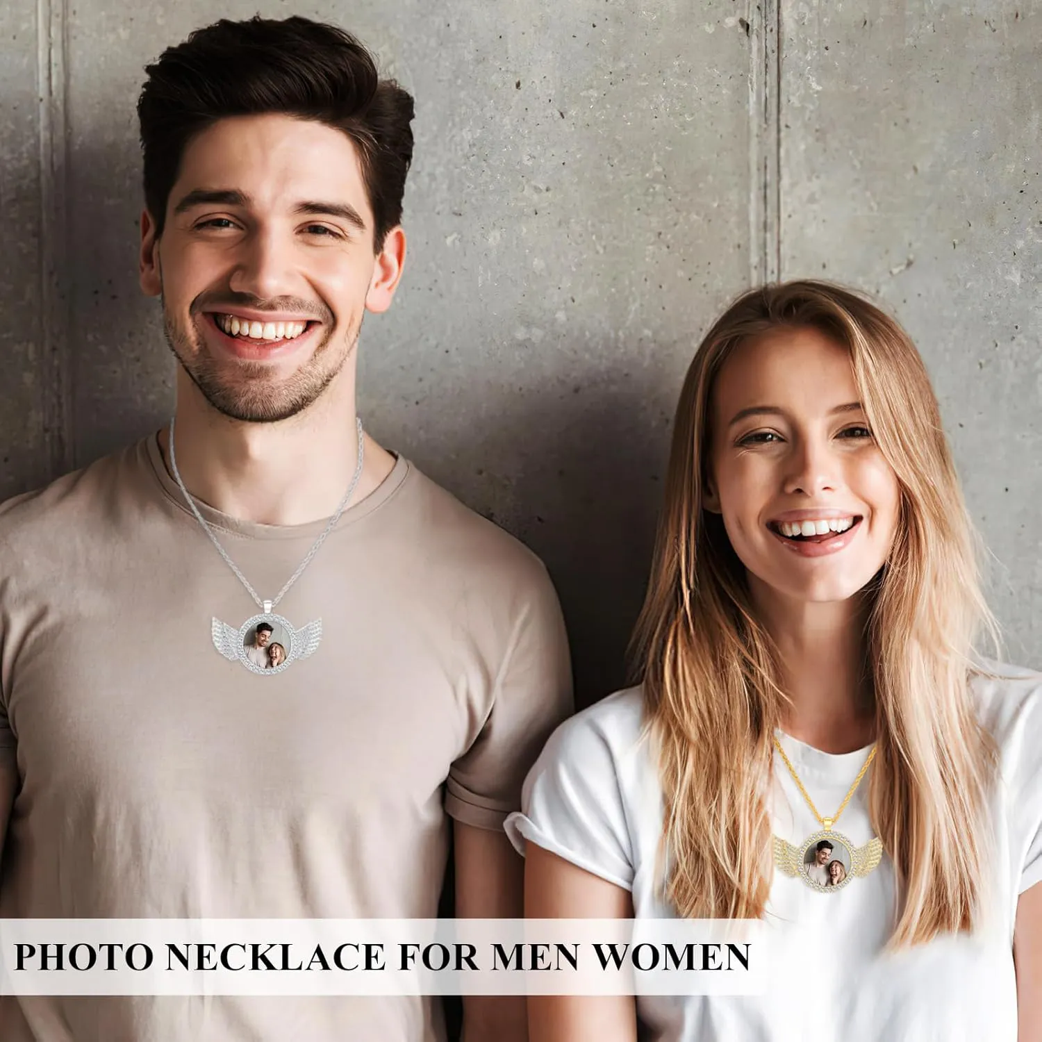 Custom Picture Necklace,Personalized Photo Necklace Memory Circle Chain with Angel Wings Pendant,Gift for Men Women